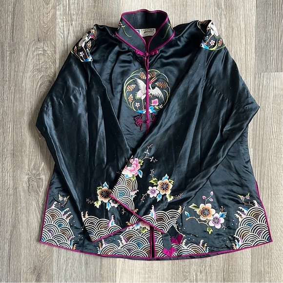 Vintage 1960s Chinese 100% Silk Black Embroidered Jacket Mandarin Collar Medium - Picture 12 of 16